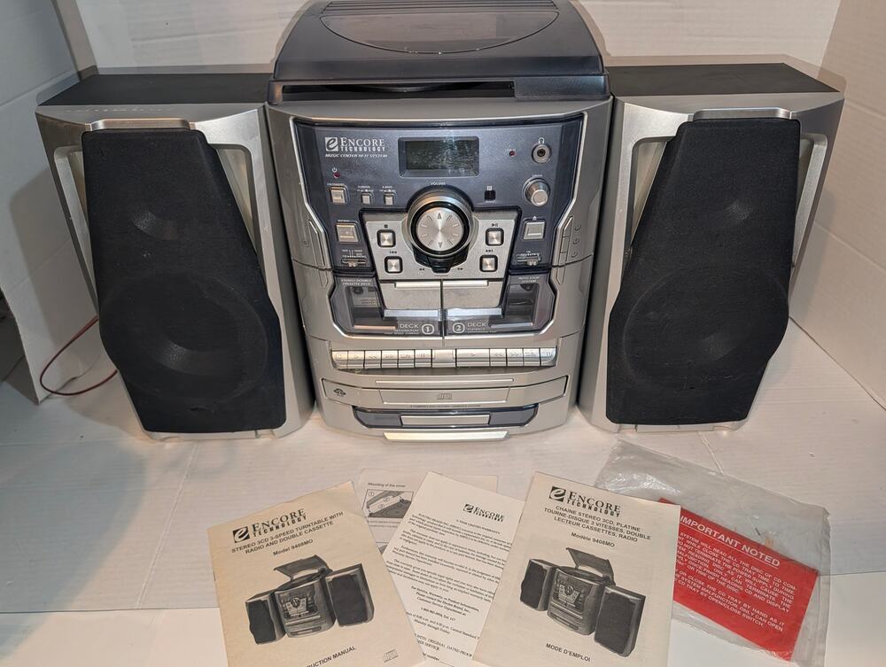 5-in-1 Shelf Stereo System turntable CD player dual cassette Encore Technology